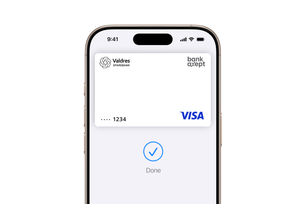 IPhone viser et digitalt betalingskort med bekreftelse 'Done'.
